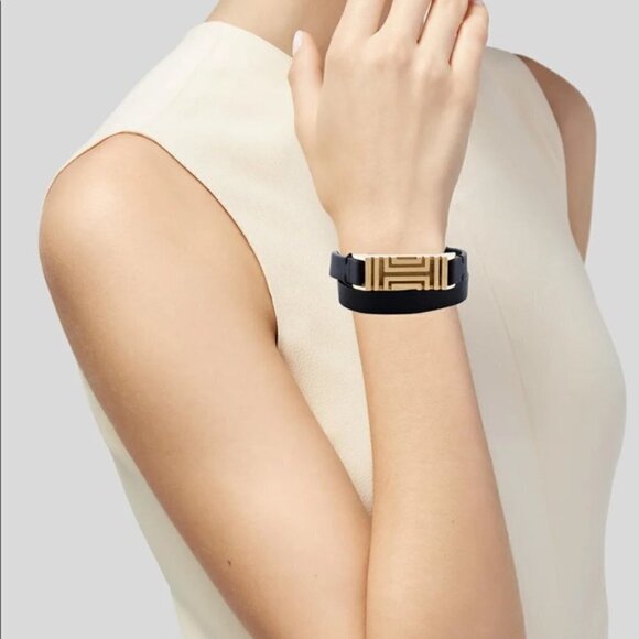 Tory Burch for Fitbit Double Wrap Gold and  Black Leather Bracelet - Picture 2 of 7